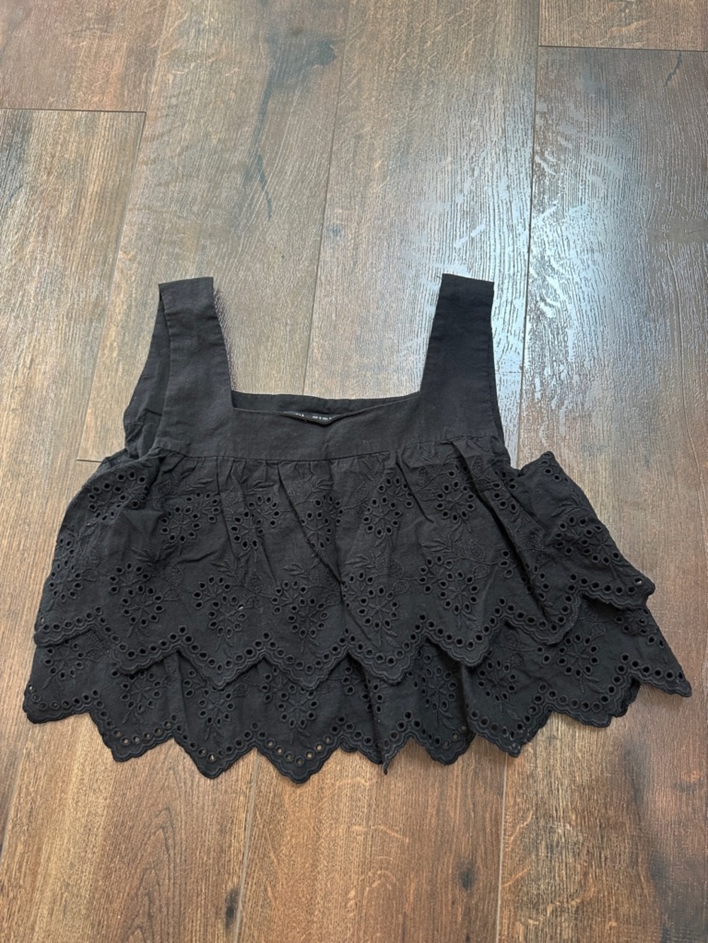Zara Black Eyelet Tiered Square-Neck Crop Top